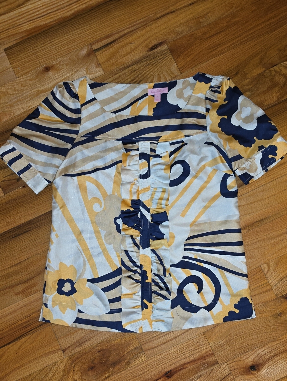Lilly Pulitzer Yellow Navy Cream Floral Stripe Ruffle Front Blouse